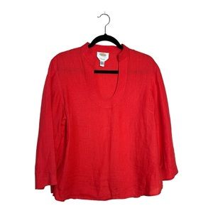 Talbots Blouse 100% Linen 3/4 Sleeve Red Scoop Neck Popover Women’s L (224)